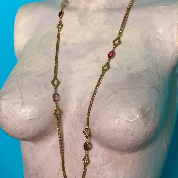 VTG 70s Gold Tone Dbl Curb Fancy Chain 36" Opera Length Necklace/Colored Stones - Picture 3 of 12
